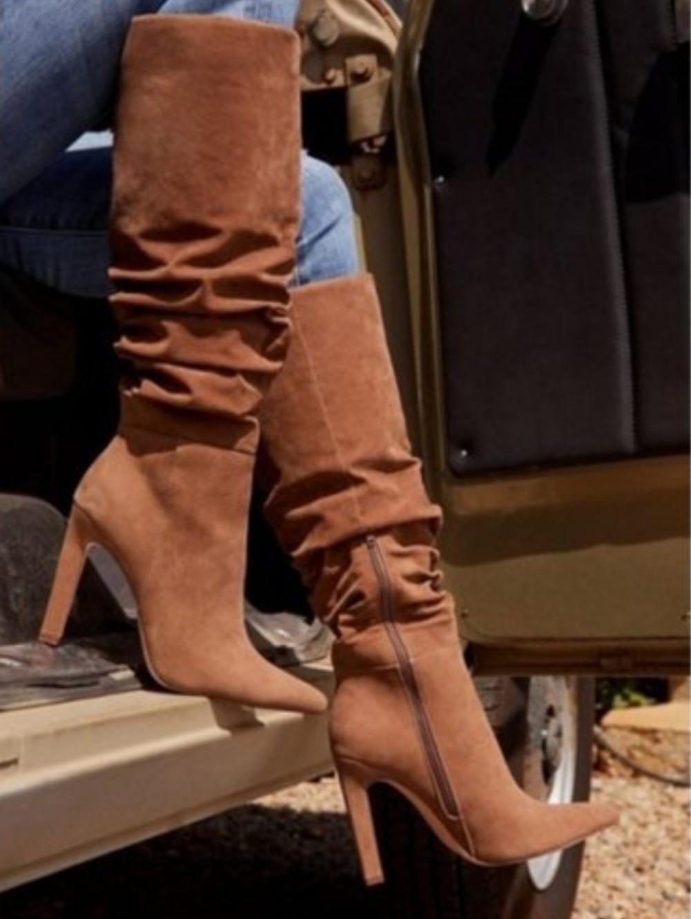 JustFab Slouchy Knee-High Boots in Tan Suede
